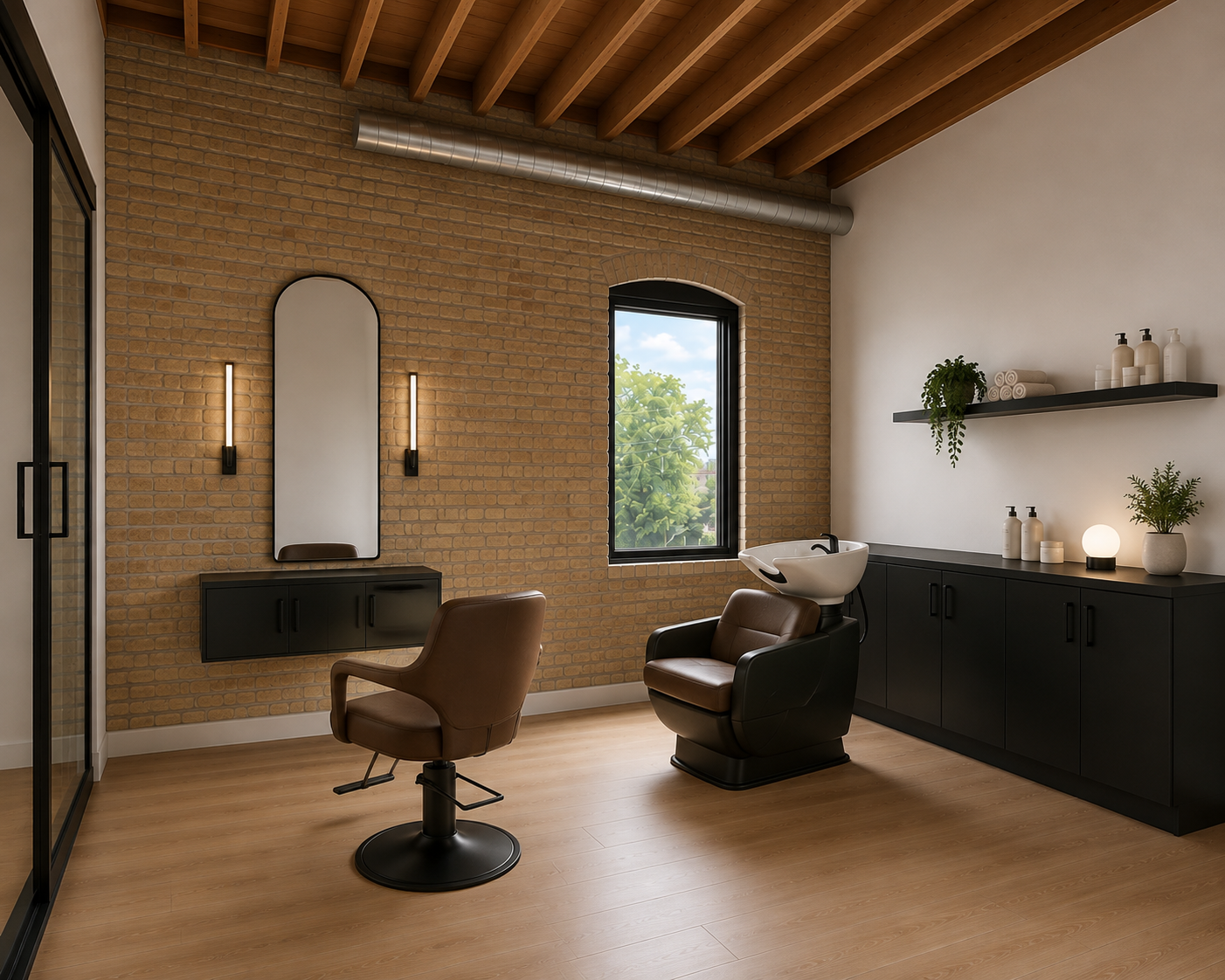 Interior of a modern hair salon with a styling chair, a washing station, a mirror, and shelves with hair products, natural light coming through a window, and wood flooring.