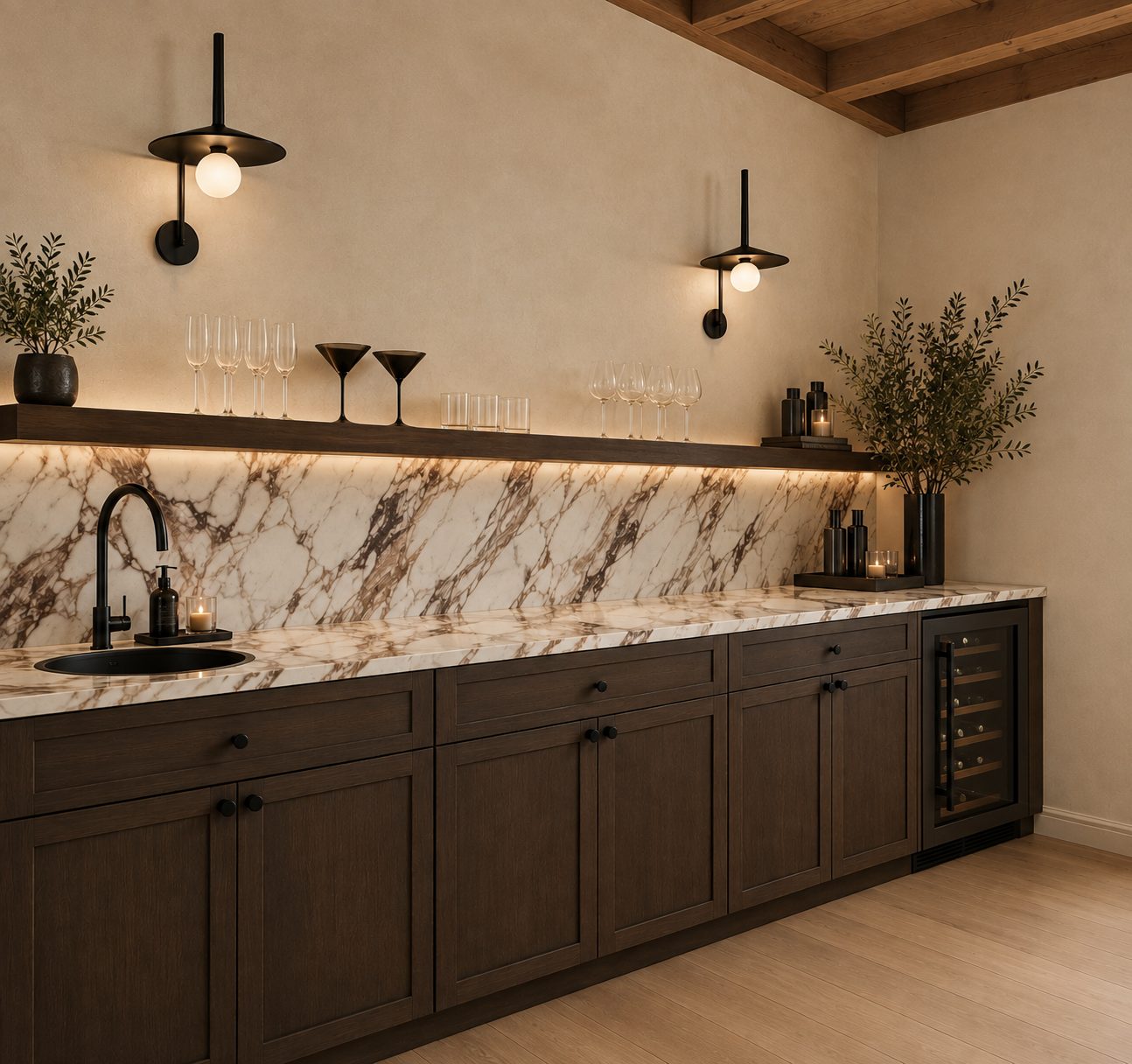 Modern kitchen with dark wooden cabinets, beige marble countertop and backsplash, minimalistic wall sconces, decorative plants, glassware, candles, and a wine cooler.