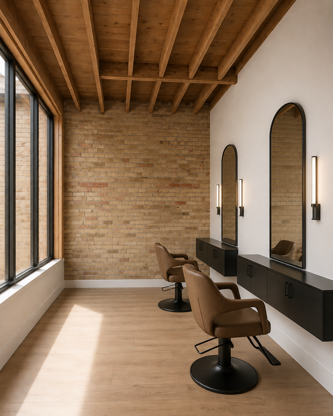 Modern hair salon with two styling chairs in front of mirrors, large window with wooden border, exposed brick wall, wooden ceiling beams, and black cabinetry with lighting fixtures.