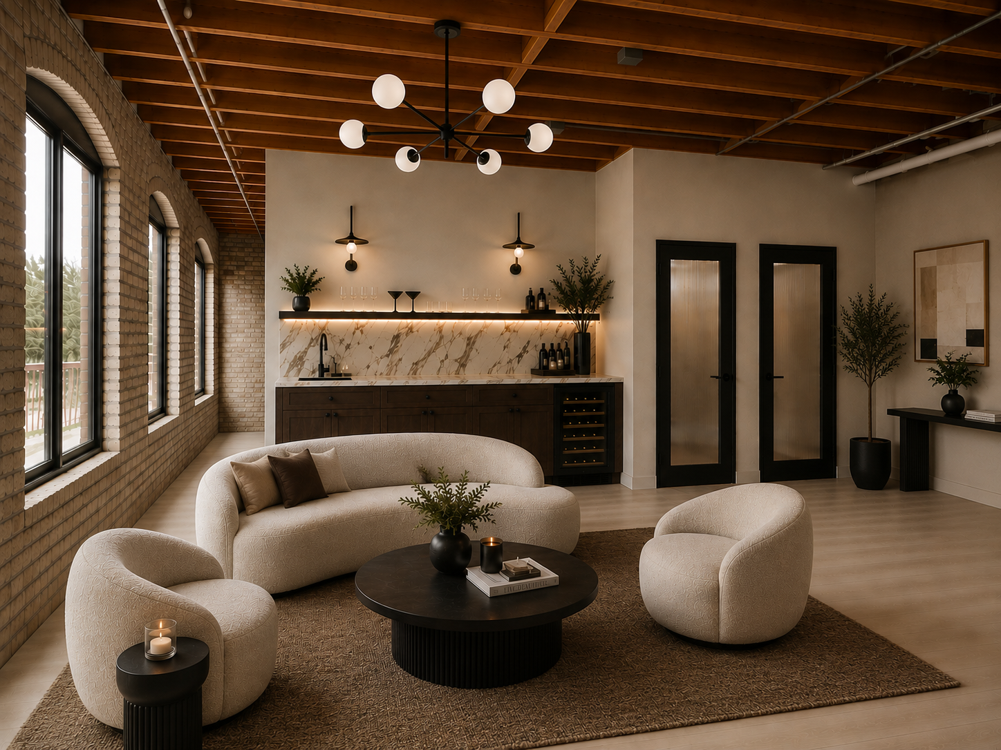 Modern living room with cream-colored furniture, dark wood coffee table, and a bar area with a marble backsplash, pendant lights, and decorative plants.