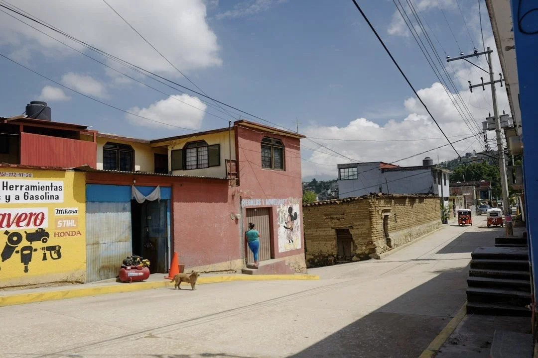 Street view of a residential neighborhood with colorful buildings, power lines, a dog, a woman entering a house, and three auto rickshaws in the distance.