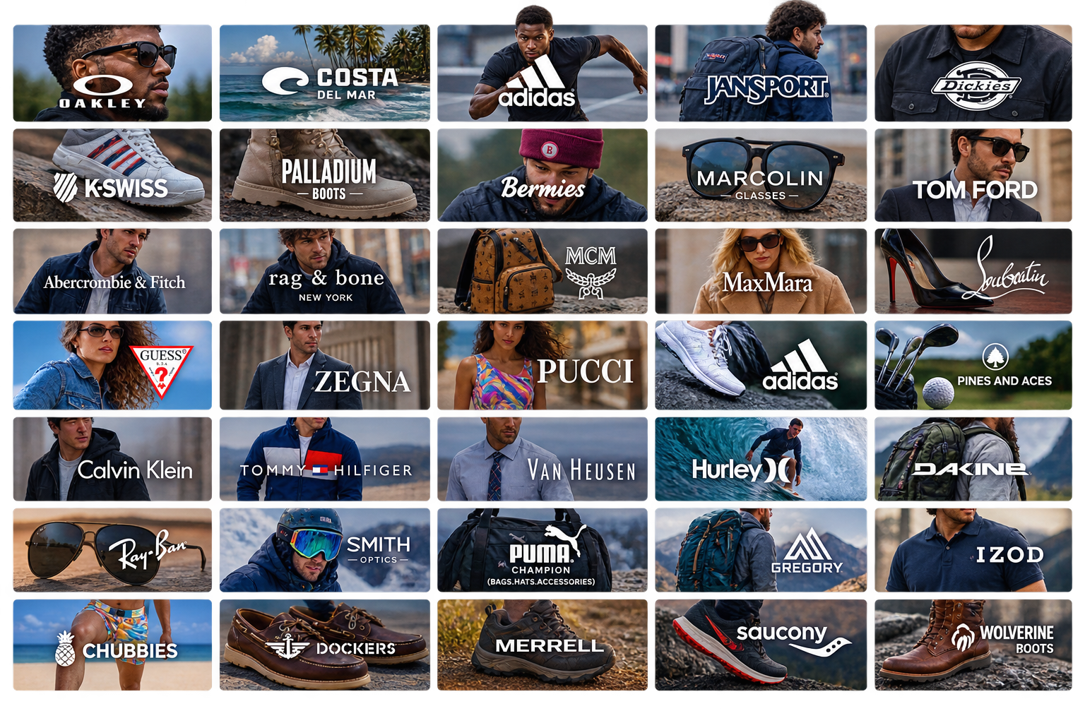 A collage of outdoor and fashion brands, featuring models, accessories, and footwear including brands like Oakley, Costa Del Mar, Adidas, JanSport, Dickies, K-Swiss, Palladium Boots, Bermies, Marcolin, Tom Ford, Abercrombie & Fitch, Rag & Bone, MCM, MaxMara, Salvatore Ferragamo, Guess, Zegna, Pucci, Calvin Klein, Tommy Hilfiger, Van Heusen, Hurley, Dakine, Ray-Ban, Smith Optics, Puma, Gregory, IZOD, Chubbies, Dockers, Merrell, Saucony, Wolverine Boots, and more.
