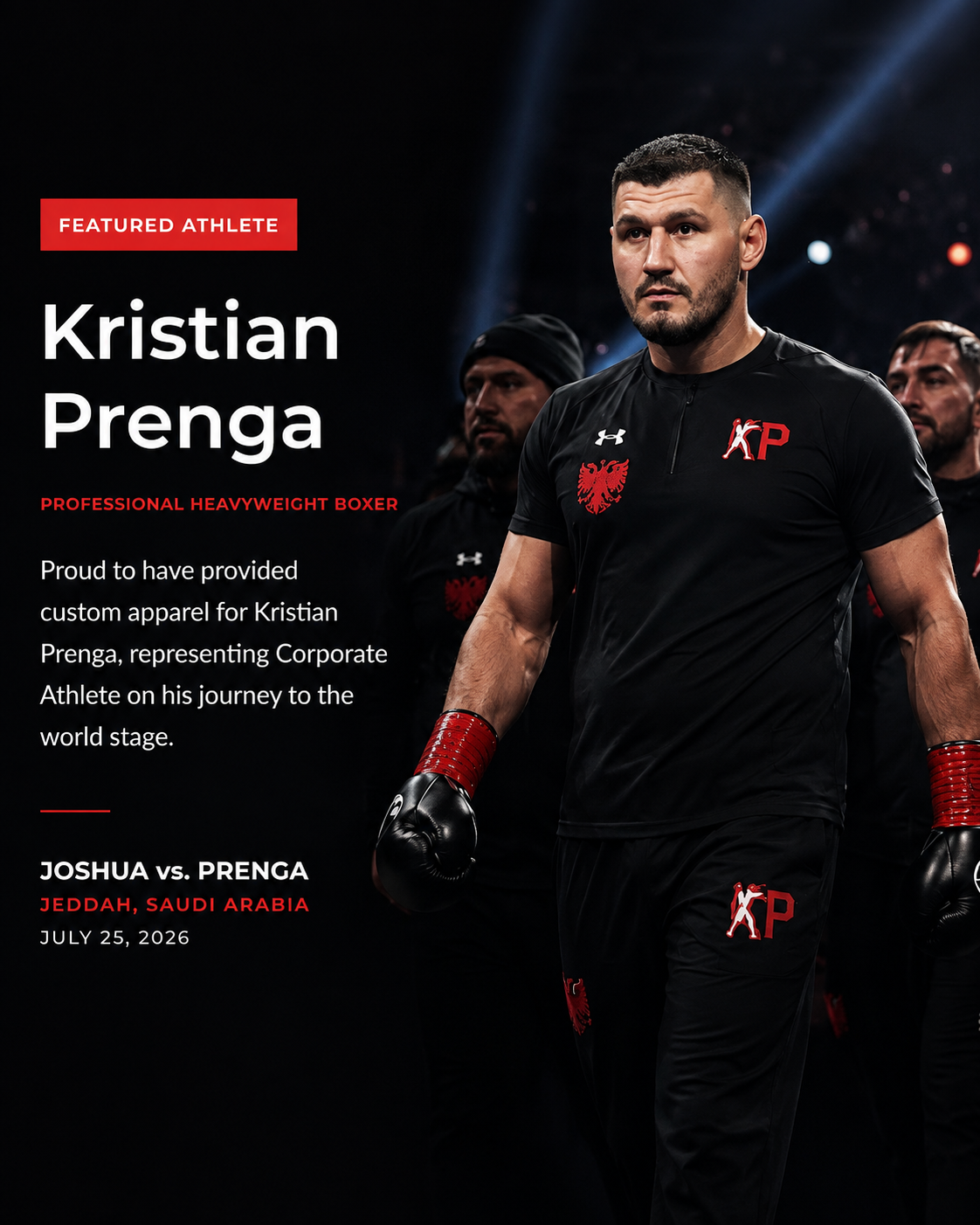Promotional poster for a boxing match between Joshua and Prenga in Jeddah, Saudi Arabia, dated July 25, 2026, featuring Kristian Prenga in custom apparel with a black and red color scheme.