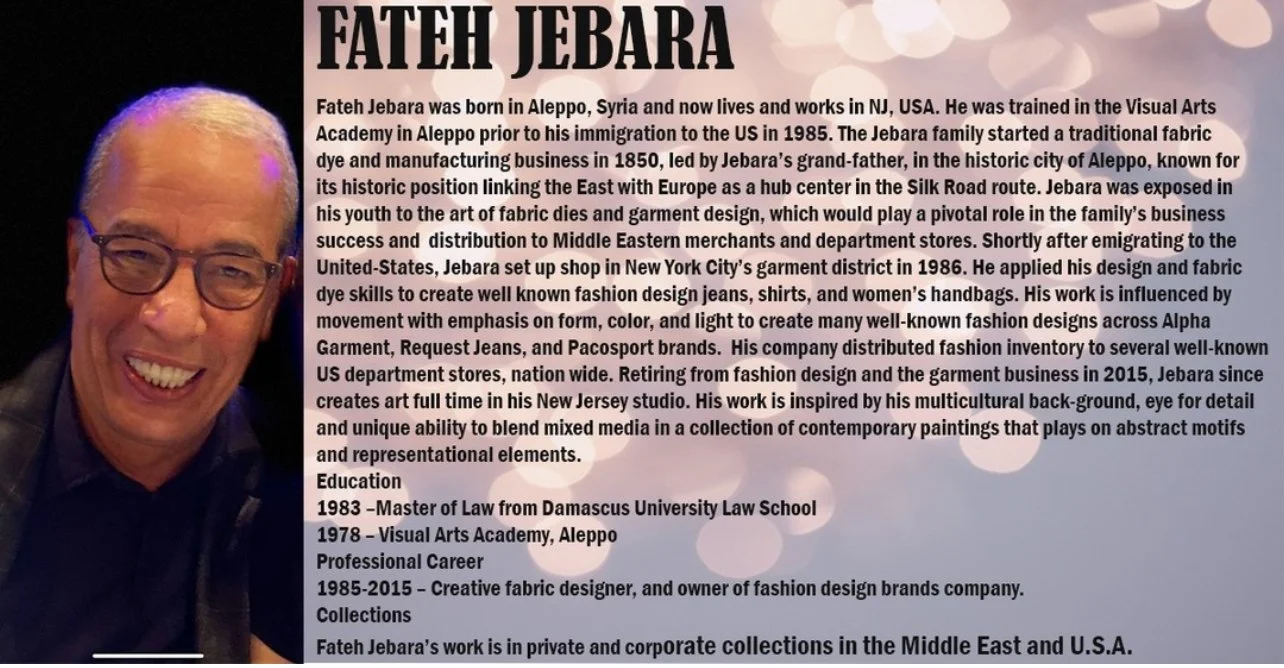 Image of a biography about Fateh Jebara with a photo of him smiling wearing glasses on the left side, and the text explaining his background, education, and career on the right side.
