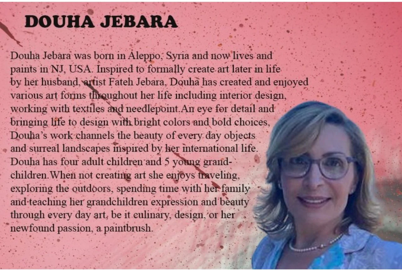 A woman with shoulder-length blond hair, glasses, and a blue top, standing outside in front of a pink background with black and gold splatters, next to a text description of her life and art.