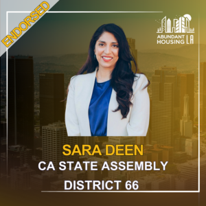 Campaign poster featuring Sara Deen, a candidate for CA State Assembly District 66, with city skyline background.