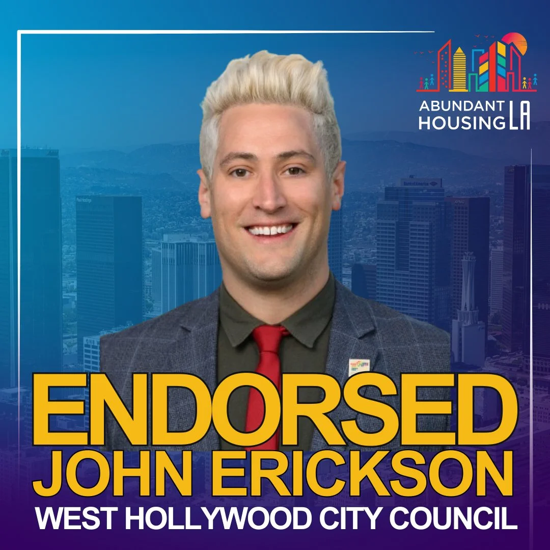 A man with blonde hair in a suit, smiling in front of a cityscape background with a 'Endorsed John Erickson' campaign banner for West Hollywood City Council.