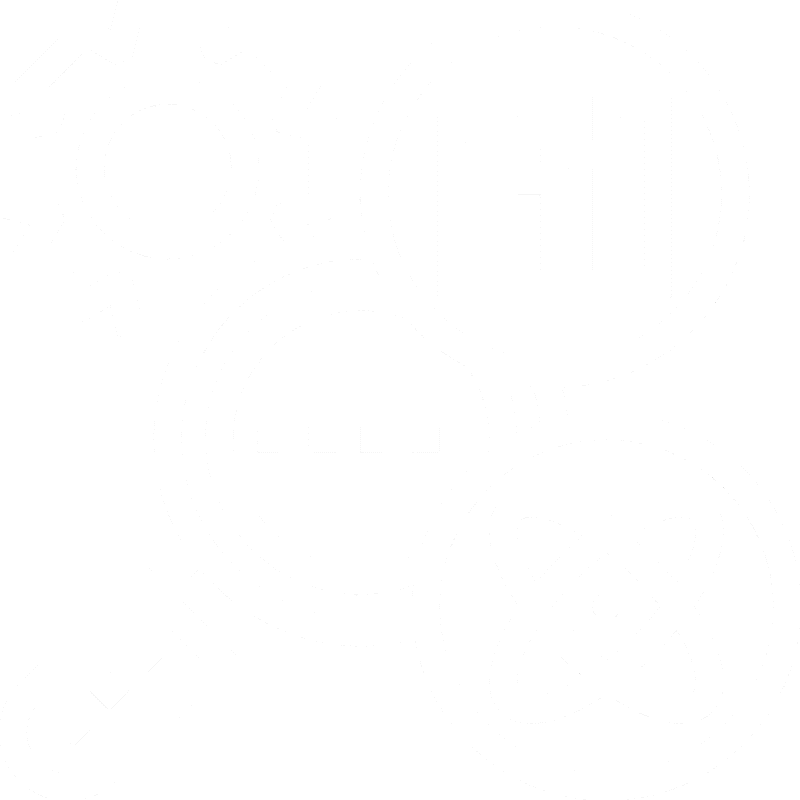 Black and white icon with a magnifying glass, a gear, a bar chart, and an atom symbol.