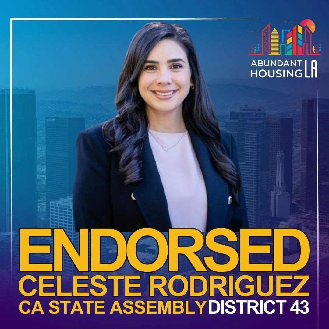 A woman with dark hair and a blazer, smiling, promoting endorsed candidacy for Celeste Rodriguez for California State Assembly District 43, with cityscape background and colorful logo displaying buildings and the sun.