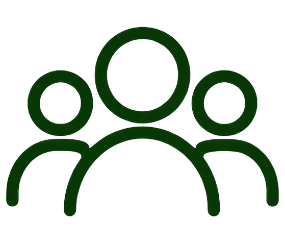 Green icon of three people, with one larger figure in the center and two smaller figures on either side, on a black background.