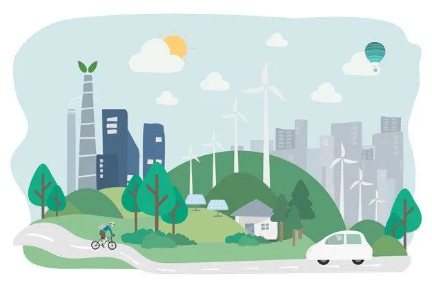 Illustration of a sustainable city with wind turbines, green hills, trees, a car, and a cyclist under a sunny sky with clouds and a hot air balloon.