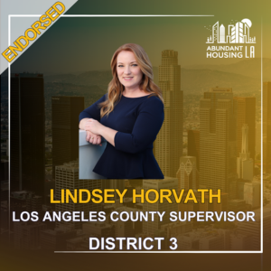 Portrait of Lindsey Horvath, Los Angeles County Supervisor for District 3, with a city skyline background and an 'Endorsed' banner.