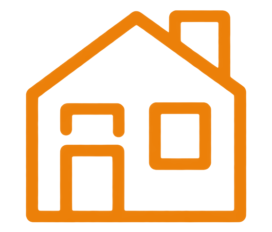 Illustration of a simple orange house outline with a door, window, and chimney.