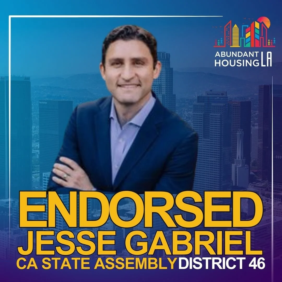 Campaign poster with a man in a suit smiling, cityscape background, and the words 'Endorsed Jesse Gabriel CA State Assembly District 46' with a logo reading 'Abundant Housing LA'.
