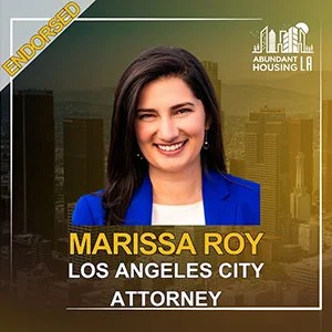 Campaign sign for Marissa Roy, an attorney in Los Angeles City, endorsed by Abundant Housing LA. It features her smiling portrait with city buildings in the background.