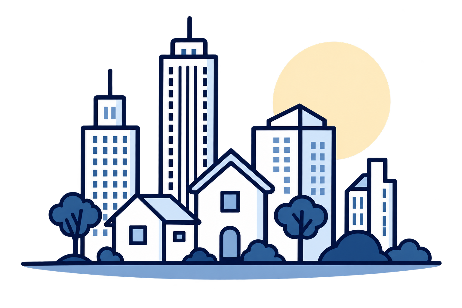 Illustration of a cityscape with tall buildings, houses, trees, and a large full moon in the background.