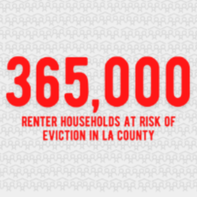 A graphic displaying the number 365,000 in large red font, with a message below stating 'Renter households at risk of eviction in LA County'.