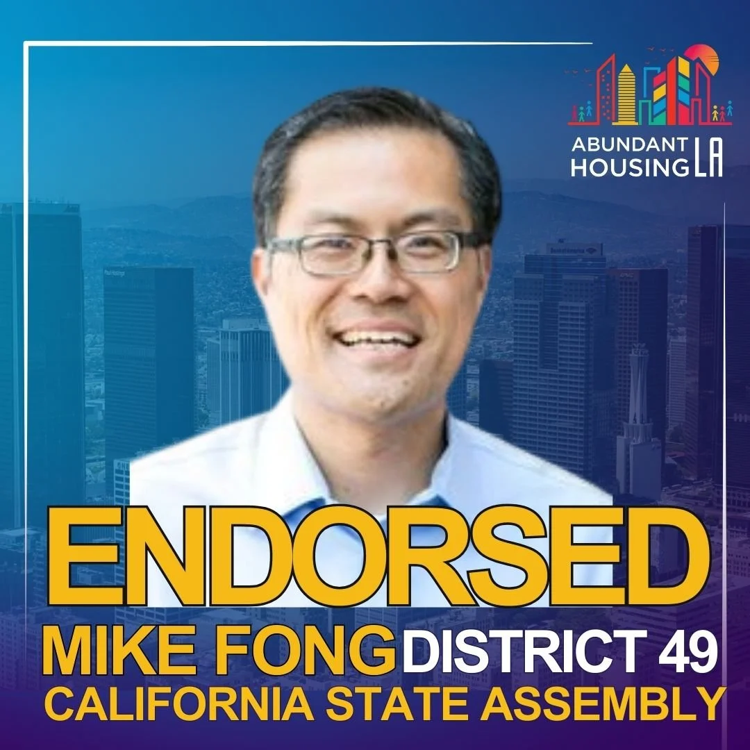 A campaign poster endorsing Mike Fong for California State Assembly, District 49, with a background of a city skyline and the logo 'Abundant Housing LA'.