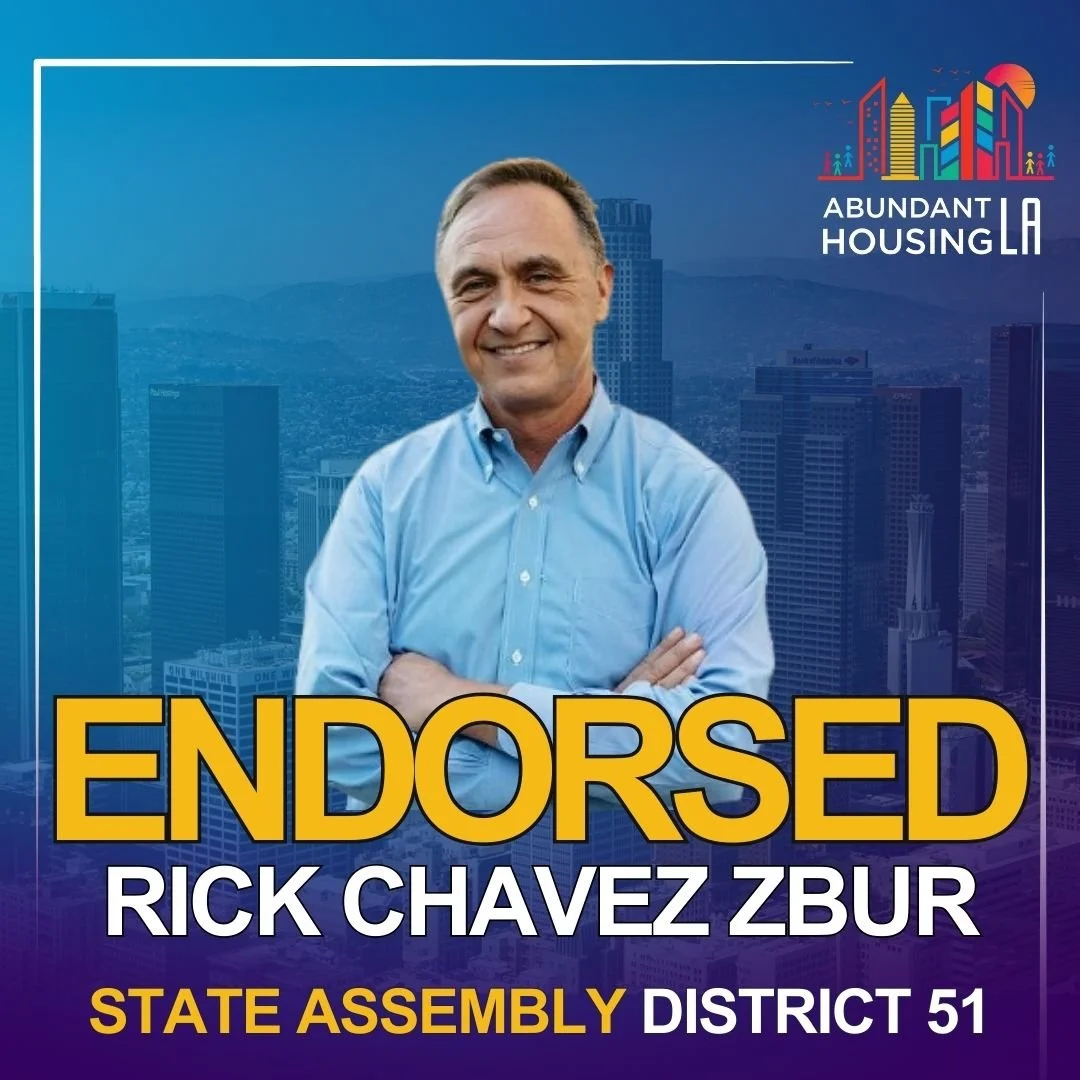 Campaign poster showing a man in a blue shirt smiling with arms crossed, with city buildings and mountains in the background. The poster endorses Rick Chavez Zbur for State Assembly District 51, with the text "ENDORSED RICK CHAVEZ ZBUR" and "STATE ASSEMBLY DISTRICT 51". The top right corner features a colorful logo for Abundant Housing LA.