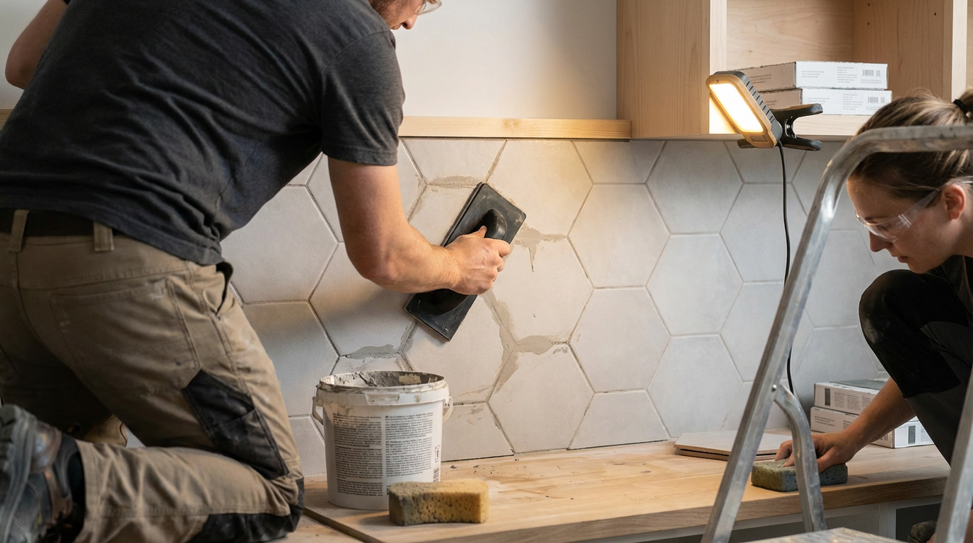 Person using a sander on a tile wall while another person cleans the wooden countertop, with tools and supplies nearby in a kitchen.