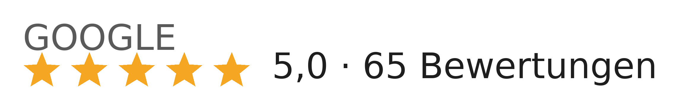 Bewertungssiegel für Google mit fünf Sternen und 65 Bewertungen, Durchschnittsbewertung 5,0