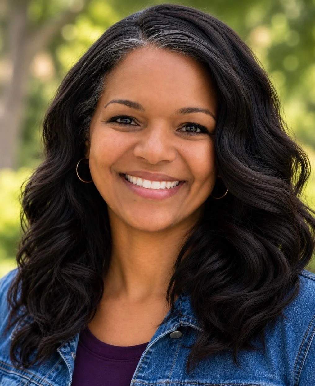 Close-up of a woman with long, wavy black hair wearing a denim jacket and hoop earrings, smiling outdoors with a blurred green background.