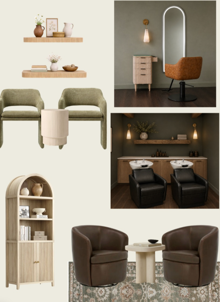 Collage of decor and furniture including floating shelves with vases and books, a mirror with a chair, a wooden cabinet with a lamp, a bookcase, two round leather chairs with a small table on a patterned rug.