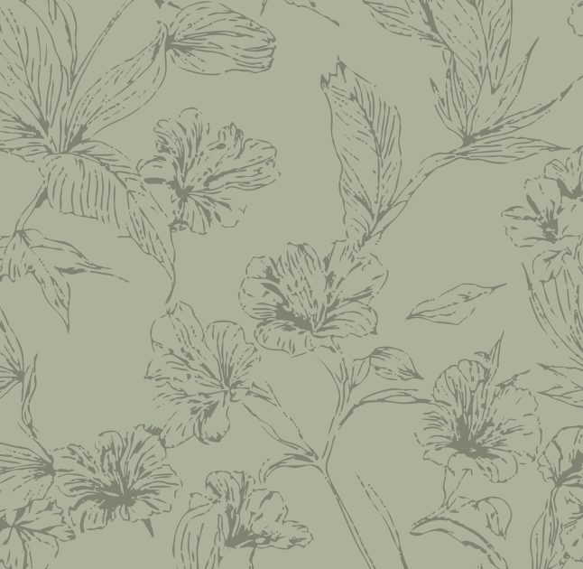 A pattern of hand-drawn hibiscus flowers and leaves on a light green background.