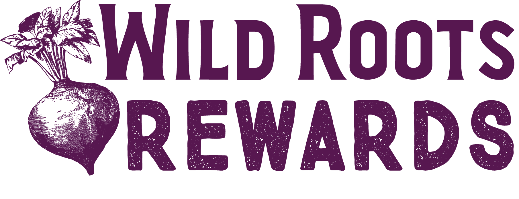 Logo with a purple turnip illustration and the text "Wild Roots Rewards" in purple.