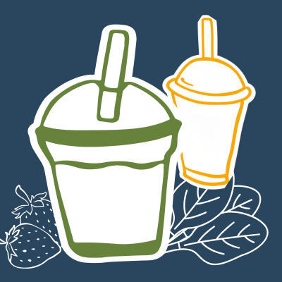 Illustration of two smoothies in takeaway cups, one green and one yellow, with leaves and strawberries around them.