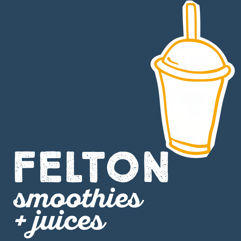 Logo for Felton Smoothies + Juices featuring a white and orange smoothie cup outline on a dark blue background with the text 'Felton smoothies + juices' in white.