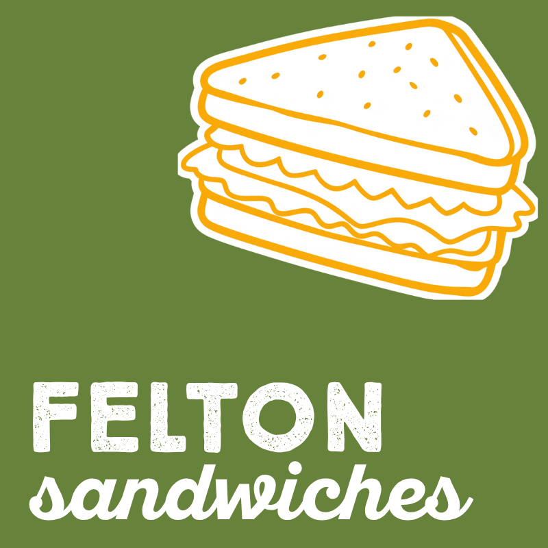 Illustration of a sandwich with multiple layers, set against a green background, with the text 'Felton Sandwiches' below.