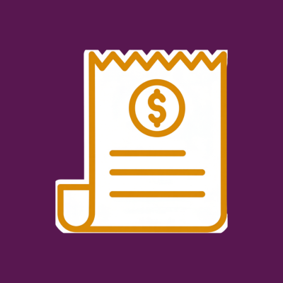 Illustration of a receipt with a dollar sign on it on a purple background.