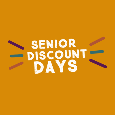 Announcement for Senior Discount Days with colorful lines on a brown background.