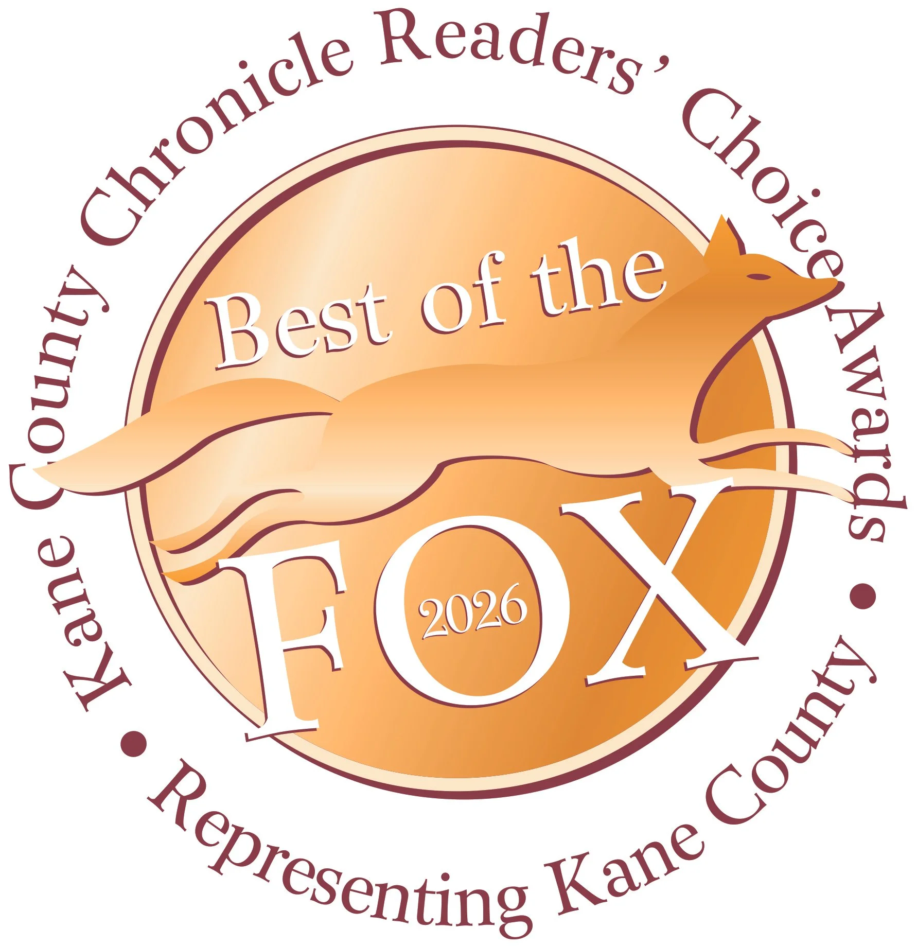 A round badge with a gold and beige background features the words "Best of the" in the center. The badge is decorated with a stylized fox illustration. Around the outer edge, the text reads "Quarterly Chronicle Readers' Choice Award for Recognizing Kane County Residents."
