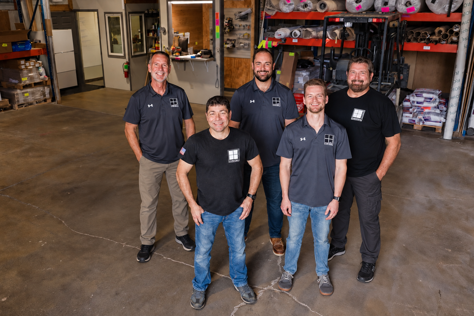 Five men standing inside a warehouse or workshop, smiling at the camera. They are wearing casual or work attire with uniforms that include a logo on their shirts. The background shows shelves with rolled-up materials and storage boxes.