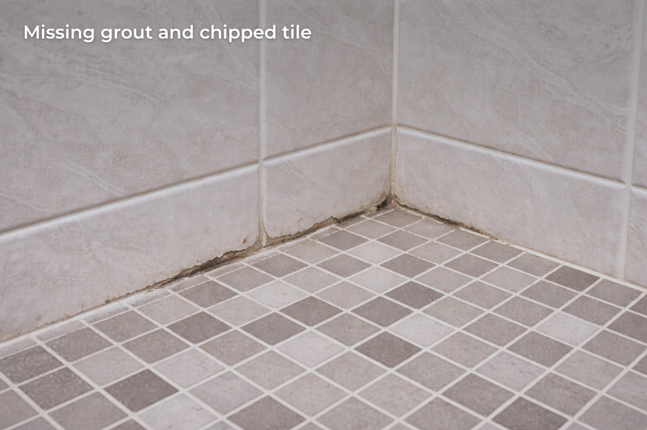 Missing grout and chipped tile