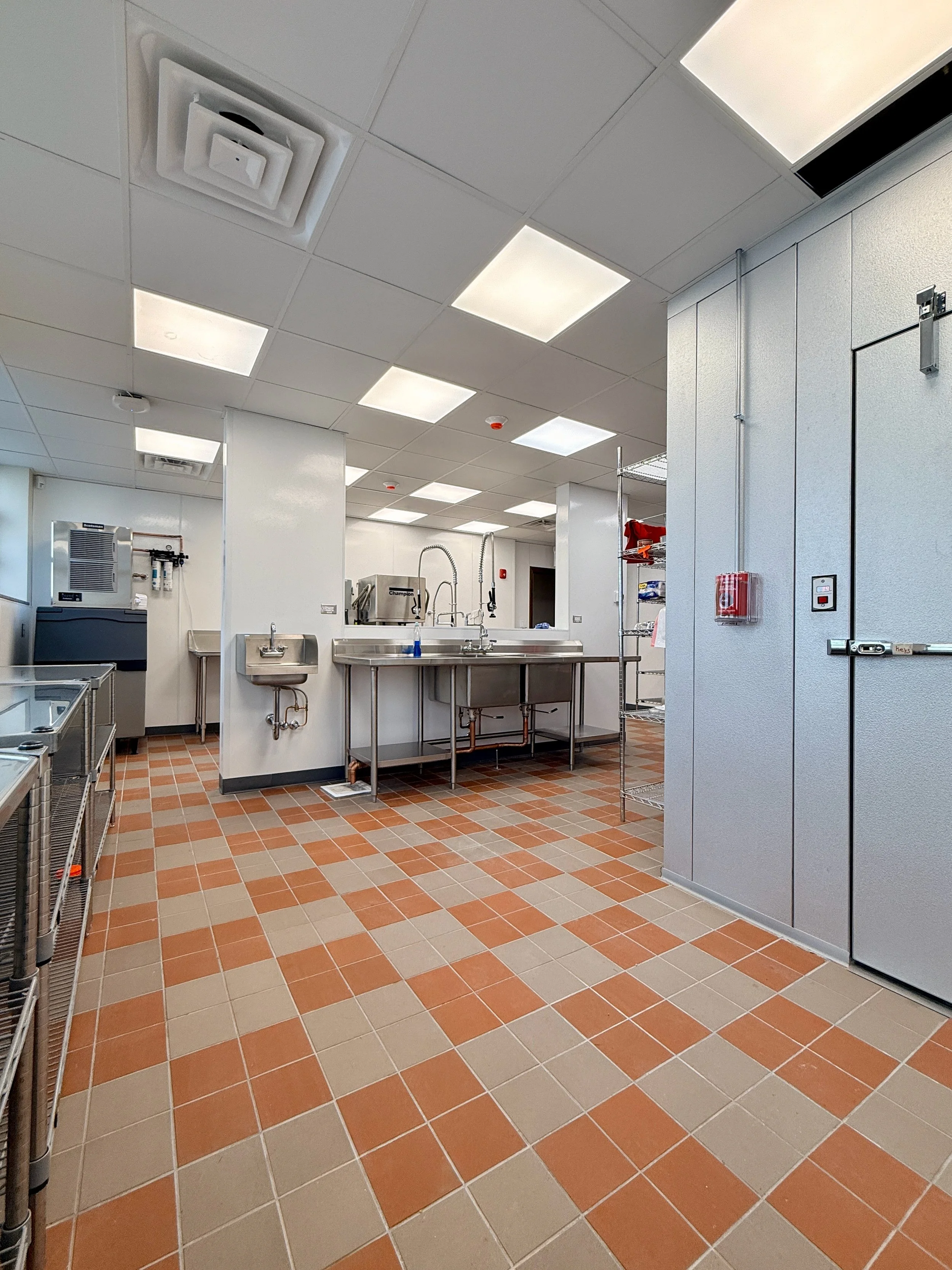 A clean, sterilized kitchen or laboratory area with stainless steel sinks, tiled floor, ceiling lights, and storage shelves.