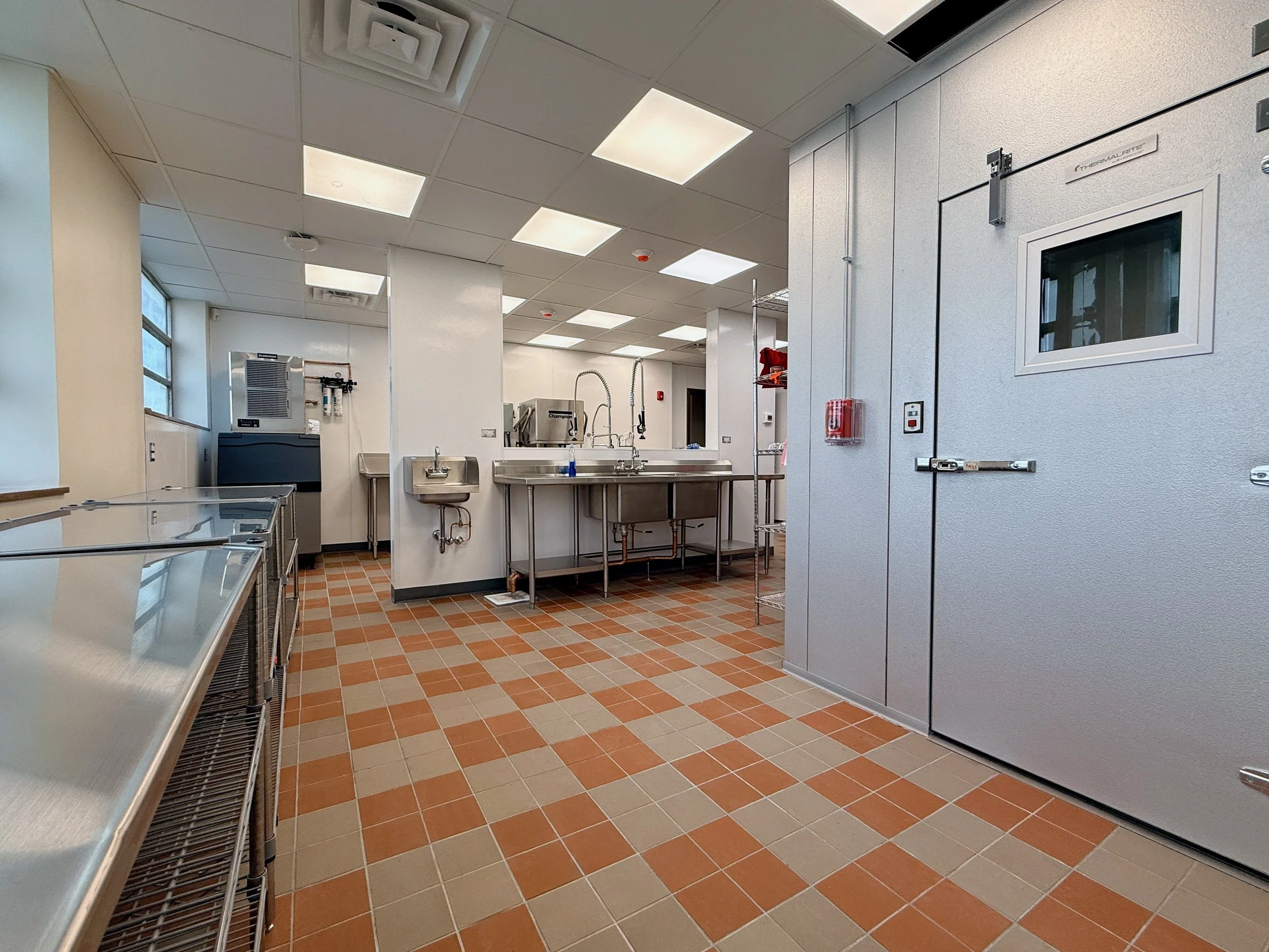 A commercial kitchen or food prep area with stainless steel sinks, a large stainless steel refrigerator, overhead fluorescent lighting, and tiled flooring. There are some windows on the left and equipment on the countertops. A closed white door with 