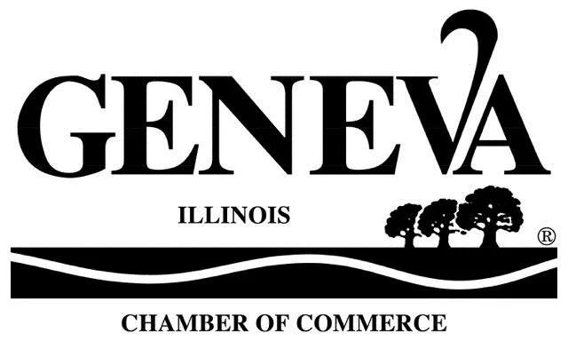 Logo for Geneva, Illinois, Chamber of Commerce, featuring the city name, state, and three trees with a wavy line underneath.