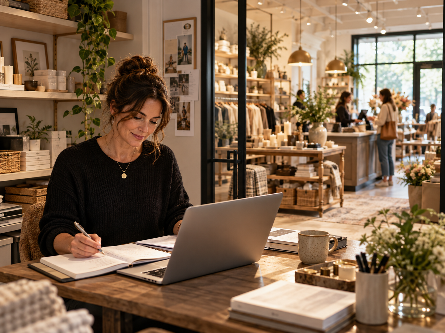 Small business owner working at a laptop inside a retail shop.