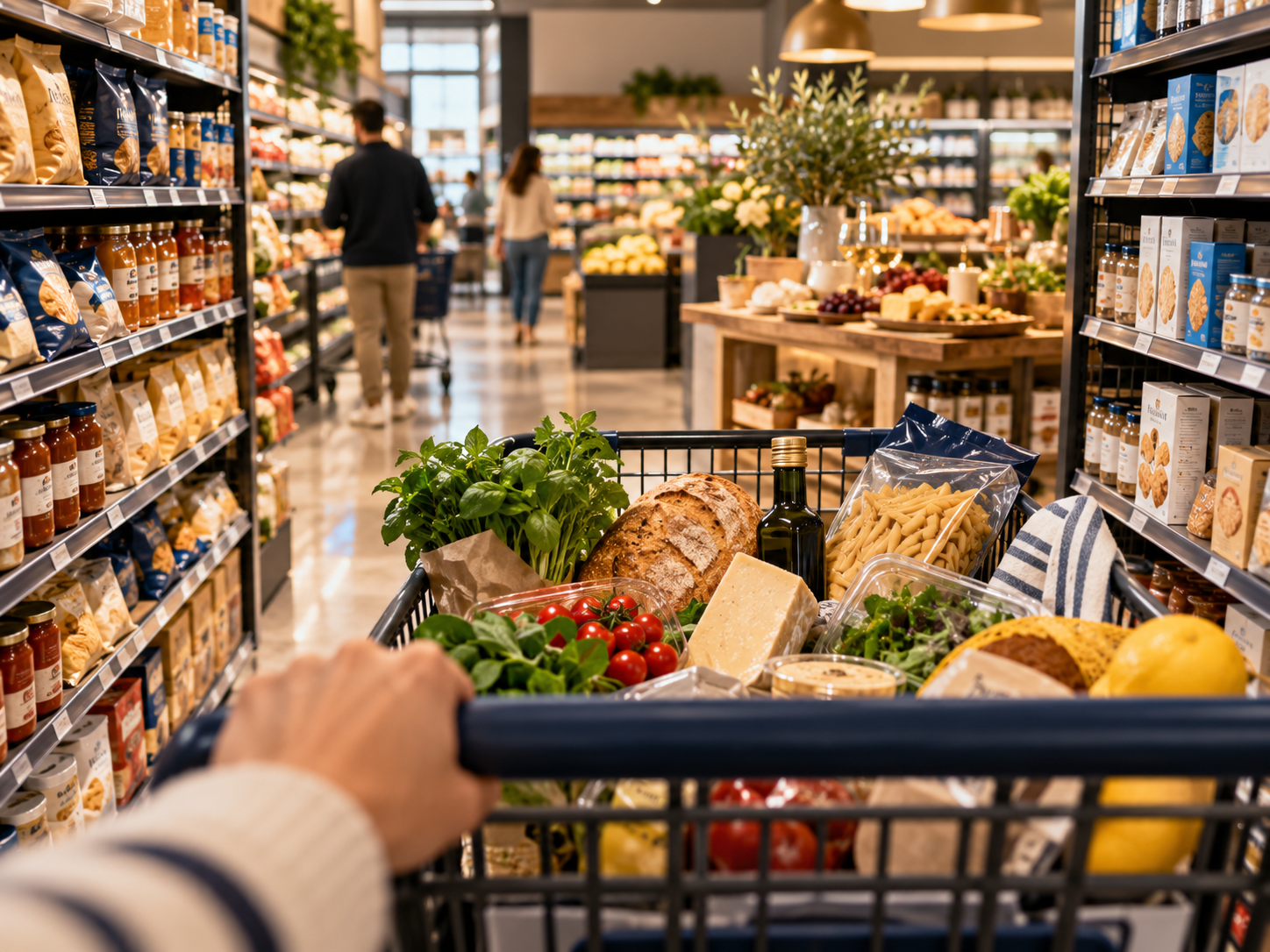 Shopping cart in a grocery aisle, representing shopper, retail and commercial marketing.
