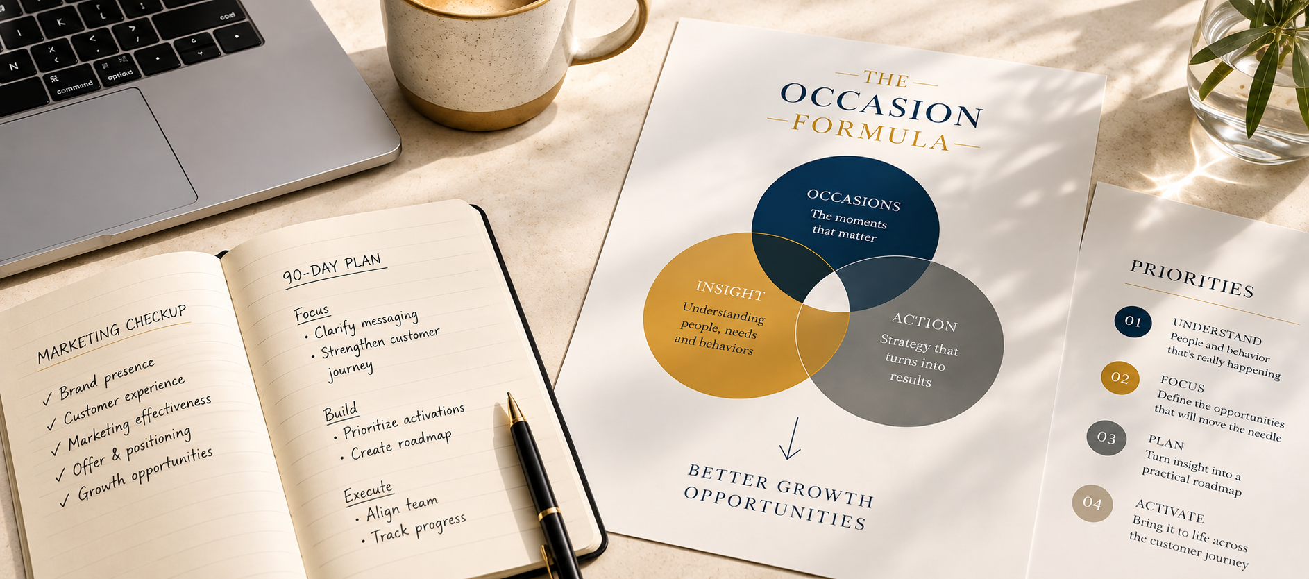 Marketing planning workspace with The Occasion Formula materials, priorities and notebook.