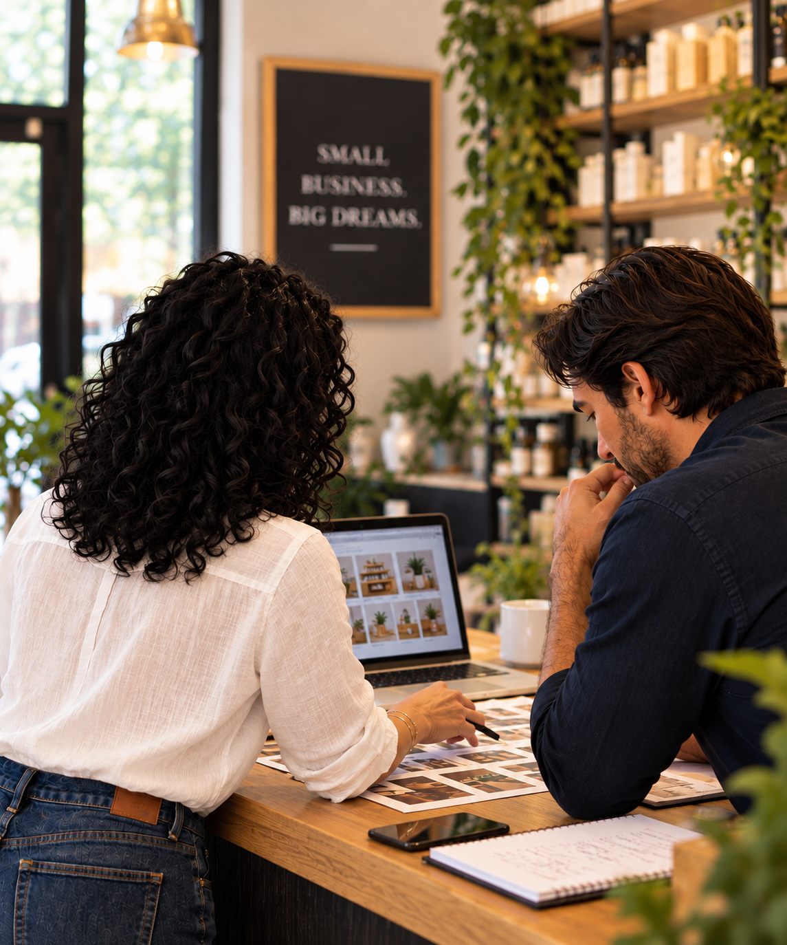 Two people reviewing marketing materials together at a small business counter.