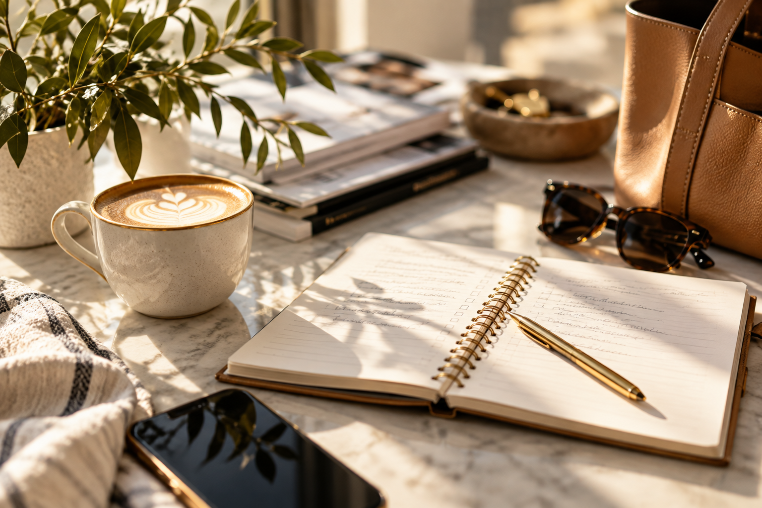 Everyday planning moment with coffee, notebook and personal items, representing the context in which customer needs arise.