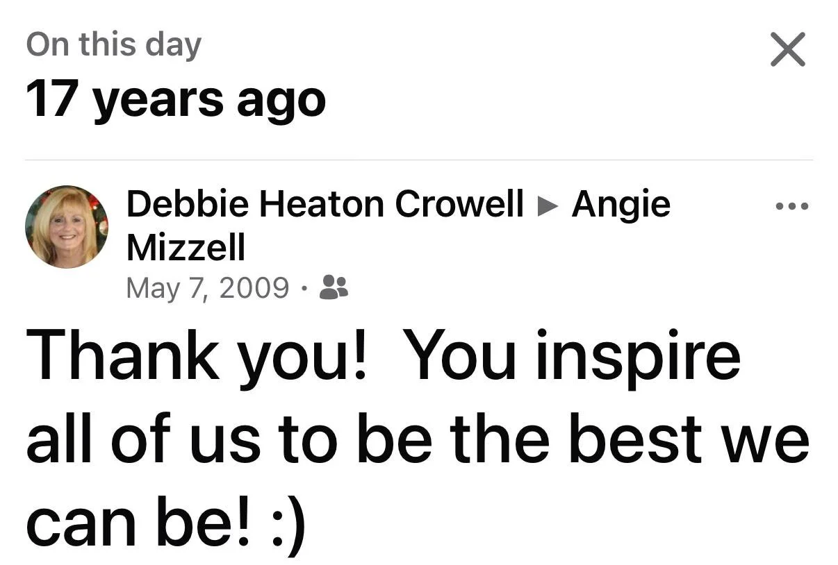 Screenshot of a message from Debbie Heaton Crowell to Angie Mizzell