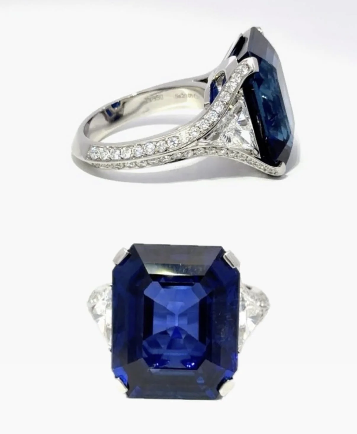 A silver ring with a large rectangular blue gemstone and small diamonds embedded in the band.