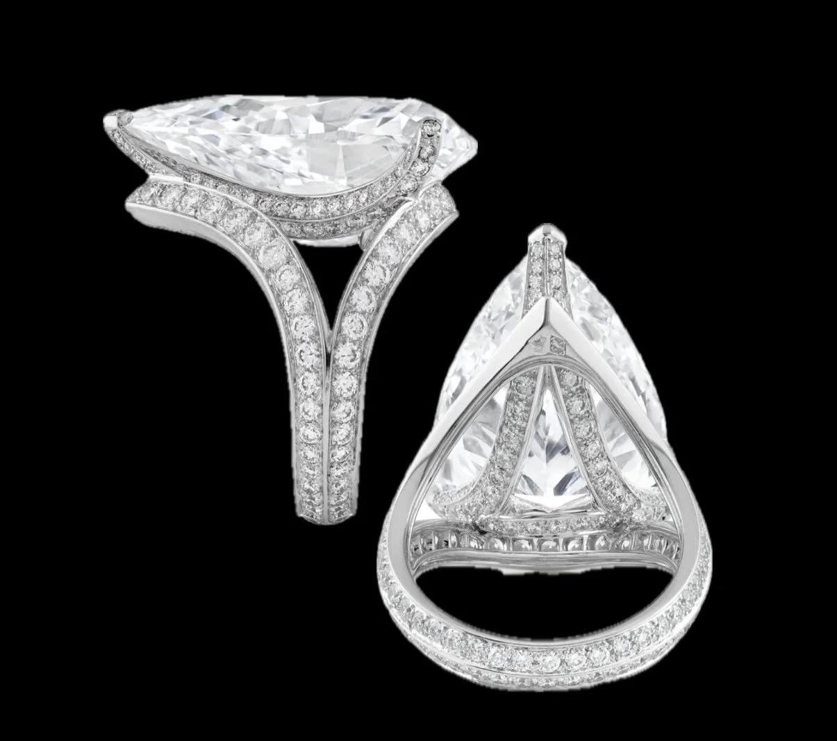 Two diamond rings on a black background. One with a large marquise-cut diamond and intricate diamond-encrusted band, the other with a geometric, open design with diamonds.
