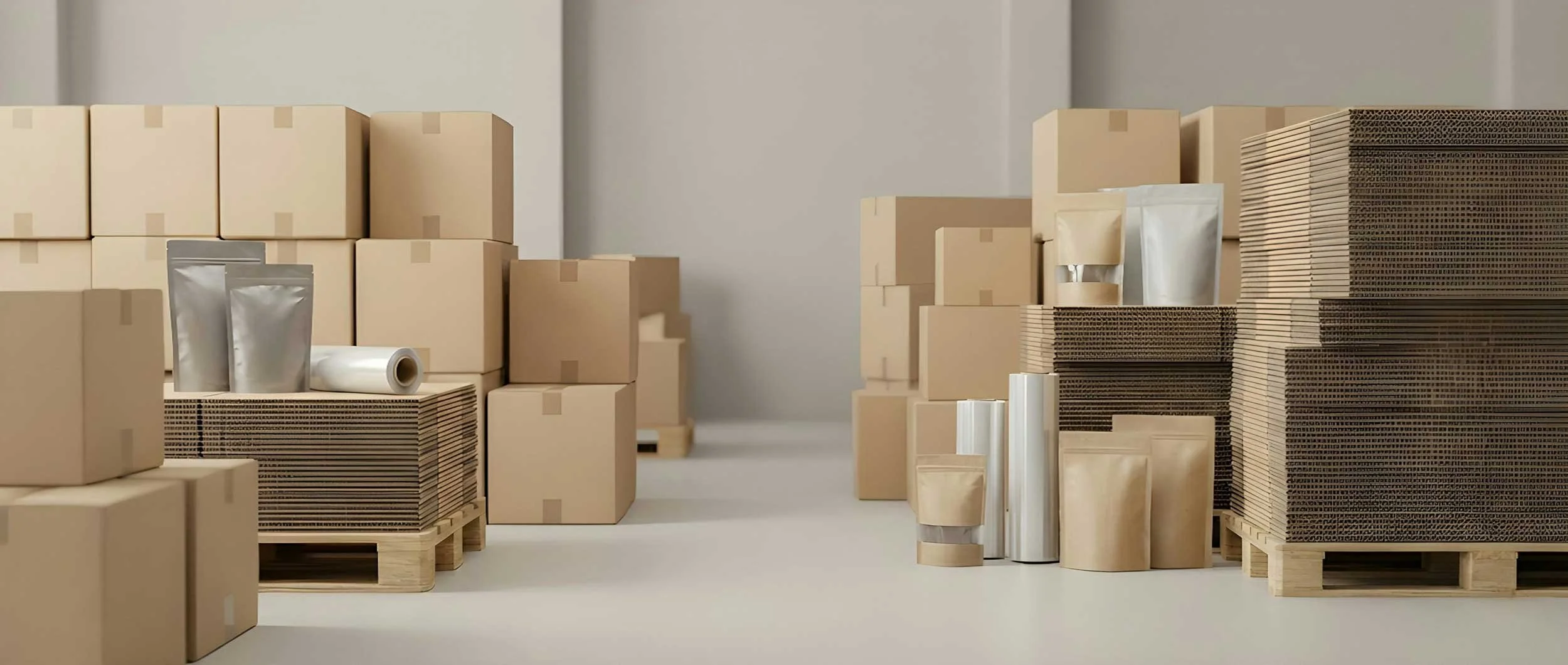 Various stacks of cardboard boxes, paper bags, and packaging materials on pallets in a warehouse or storage area.