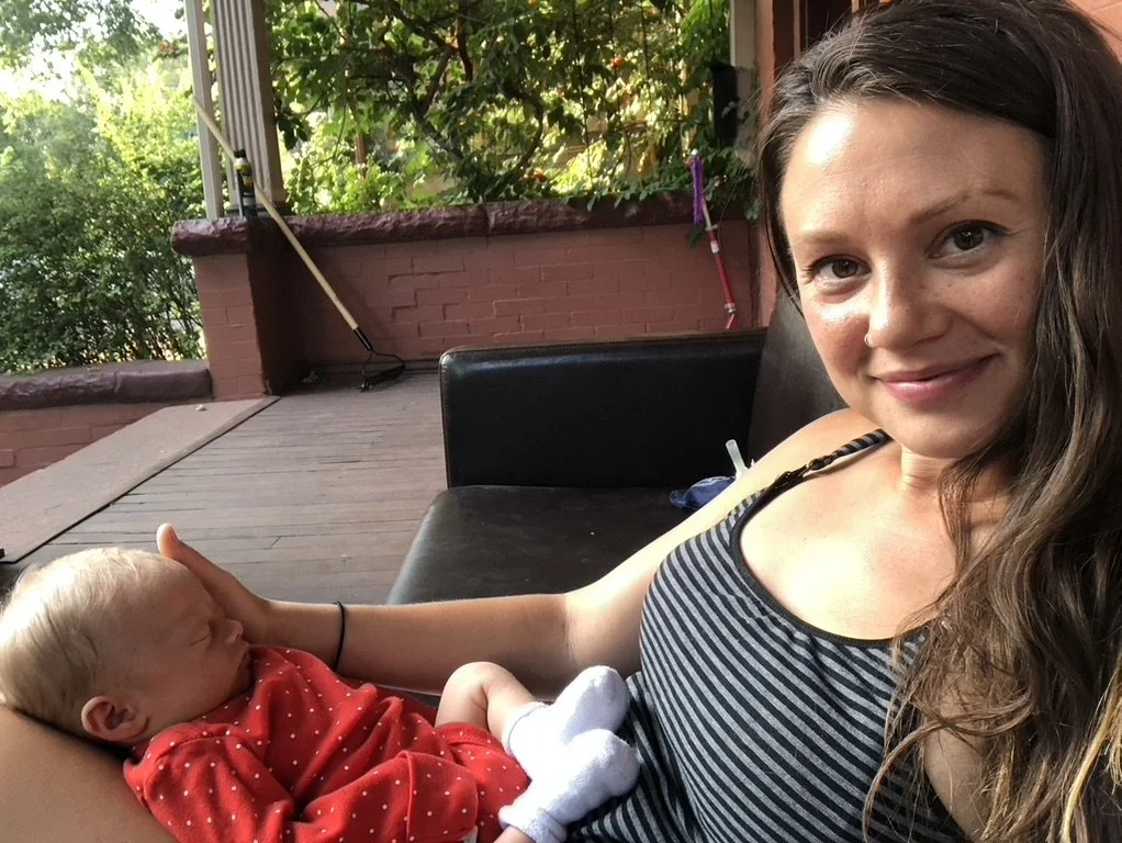 postpartum with my newborn on the porch
